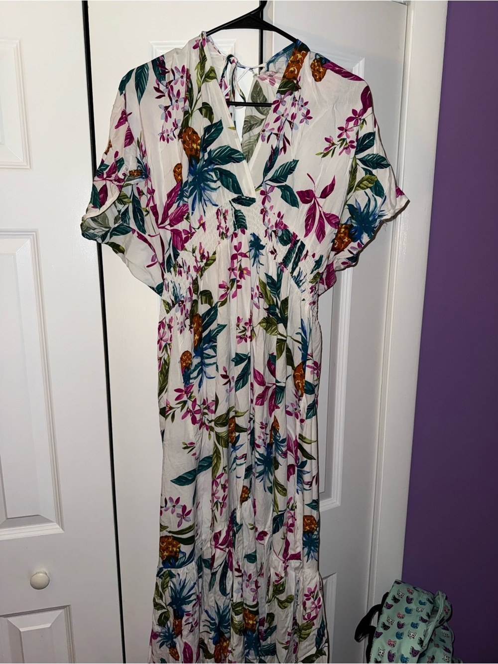 blue island White Floral Swim Coverup with Teal, Fuchsia & Olive Leaves